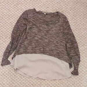 ONE WORLD Marled Brown and Cream Knit Top with Embellished Neck